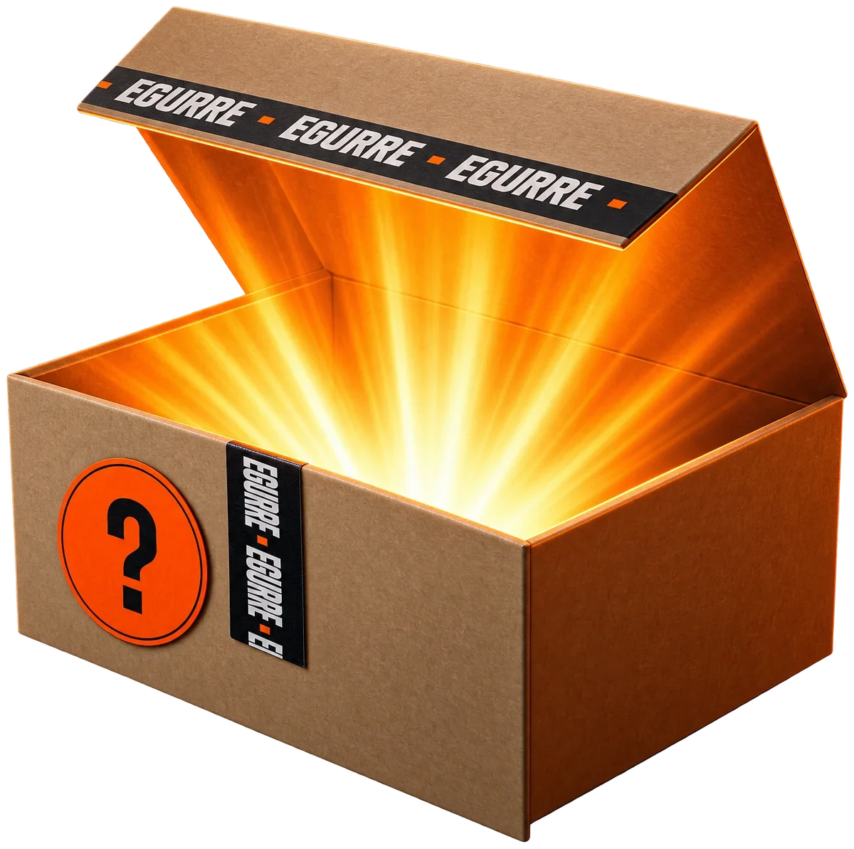 Caja misteriosa de ciclismo EGURRE abierta con luz naranja saliendo del interior